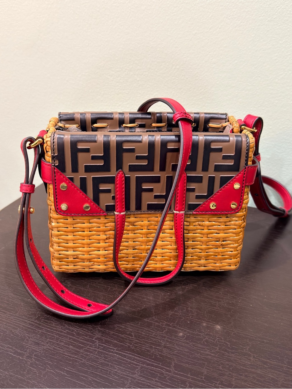 Fendi Brown Monogram Wicker Crossbody with Red Trim